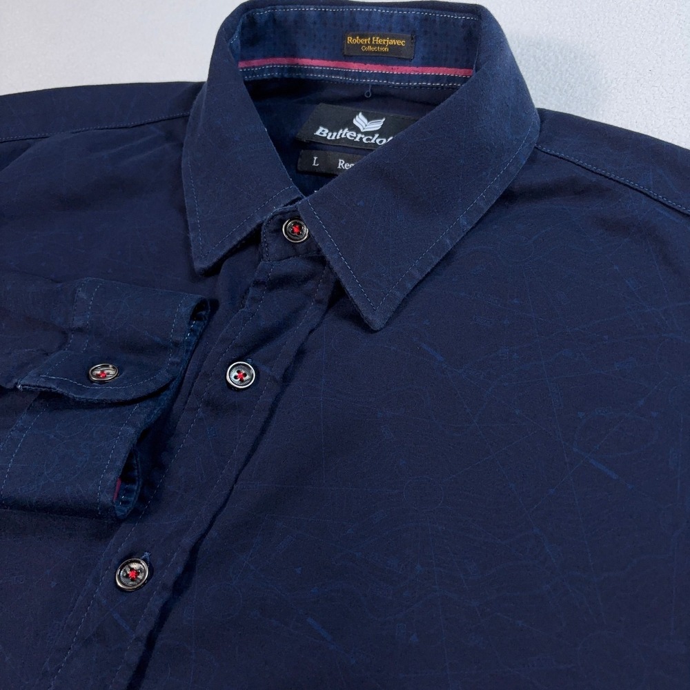 Buttercloth Robert Herjavec Shirt Mens L Dark Navy Geometric Regular Fit Stretch